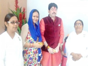 B.K. Preeti and B.K. Monika after  tying Rakhi Chhatarpur District president of BJP Pushpendra Pratap Singh and  Nagar Palika Adhyaksh Archna Singh